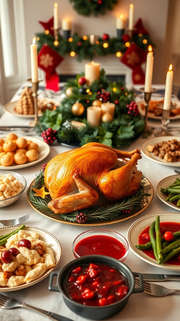 Traditional Christmas Dinner Menu A festive Christmas dinner table with roasted turkey, mashed potatoes, green beans, and cranberry sauce.